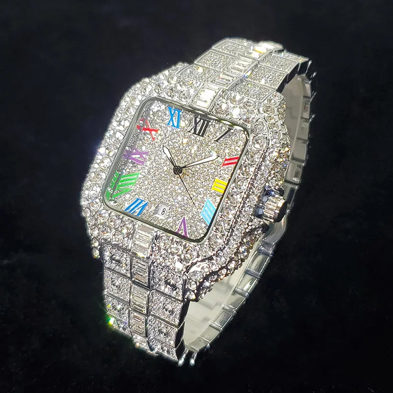 Reloj de lujo con diamantes para hombre, nuevo, 2025, a la moda, cuadrado, con números coloridos, estilo hip hop, joyería brillante, para fiesta