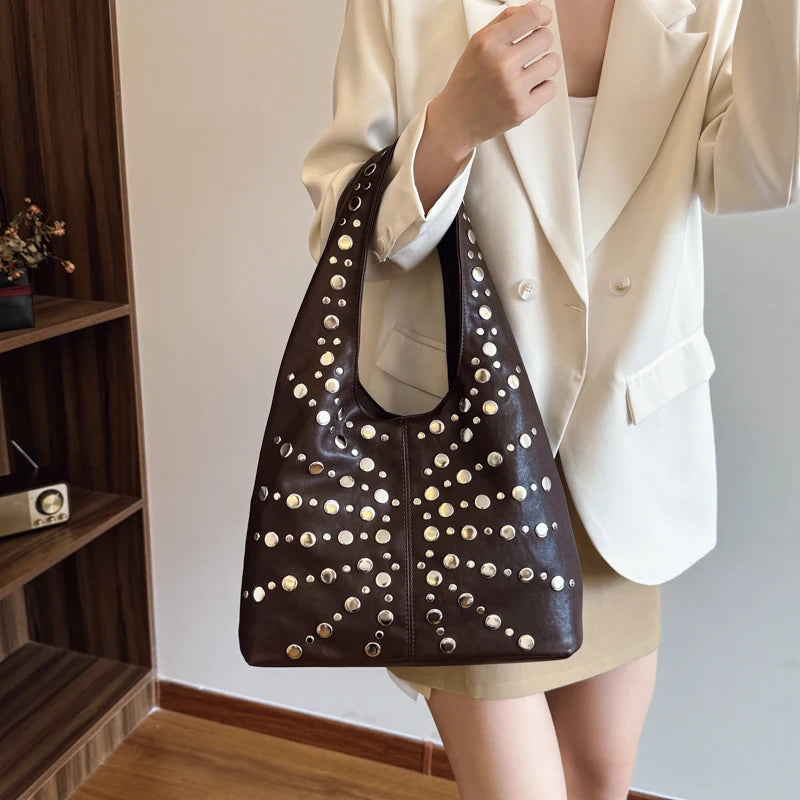 Bolso de hombro de moda para mujer, bolso de mano de lujo con remaches, bolso de mano de gran capacidad para oficina, bolso de mano estilo punk para chicas, bolsos principales para mujeres
